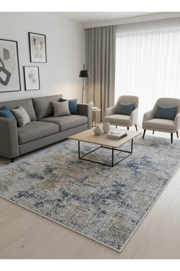 Asaryün Moda H4884 Mavi Gri Soyut Eskitme Grid Salon Halısı 150x233 — Saçaklı