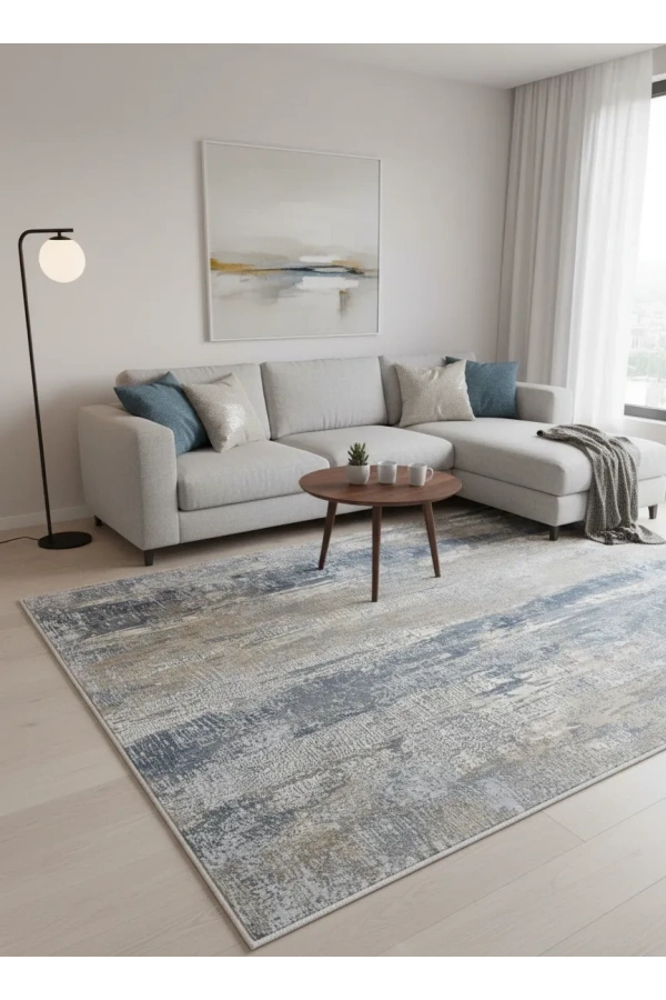Asaryün Moda H4872 Mavi Gri Dikey Soyut Eskitme Salon Halısı 150x233 — Fırça Darbesi Saçaklı