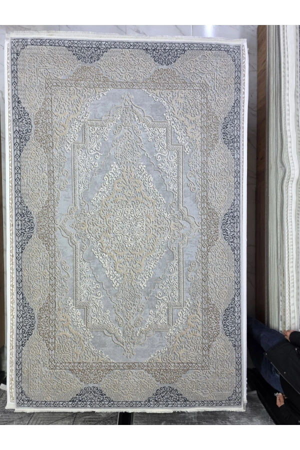 Asaryün Moda H4864 Mavi Gri Arabesk Madalyon Salon Halısı 150x233 — Klasik Saçaklı
