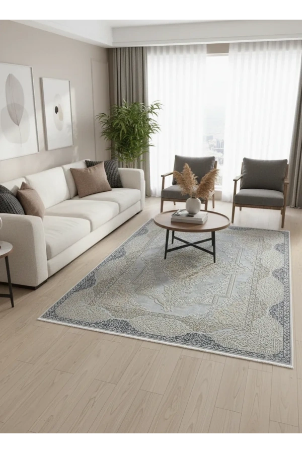 Asaryün Moda H4864 Mavi Gri Arabesk Madalyon Salon Halısı 150x233 — Klasik Saçaklı