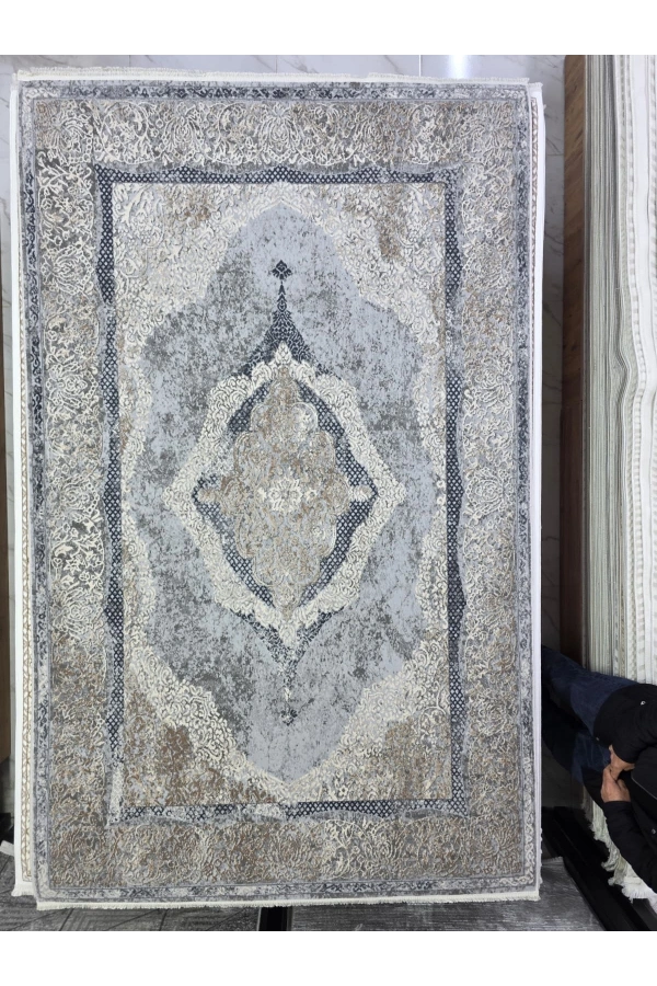 Asaryün Moda H4861 Mavi Gri Madalyon Klasik Salon Halısı 150x233 — Eskitme Saçaklı