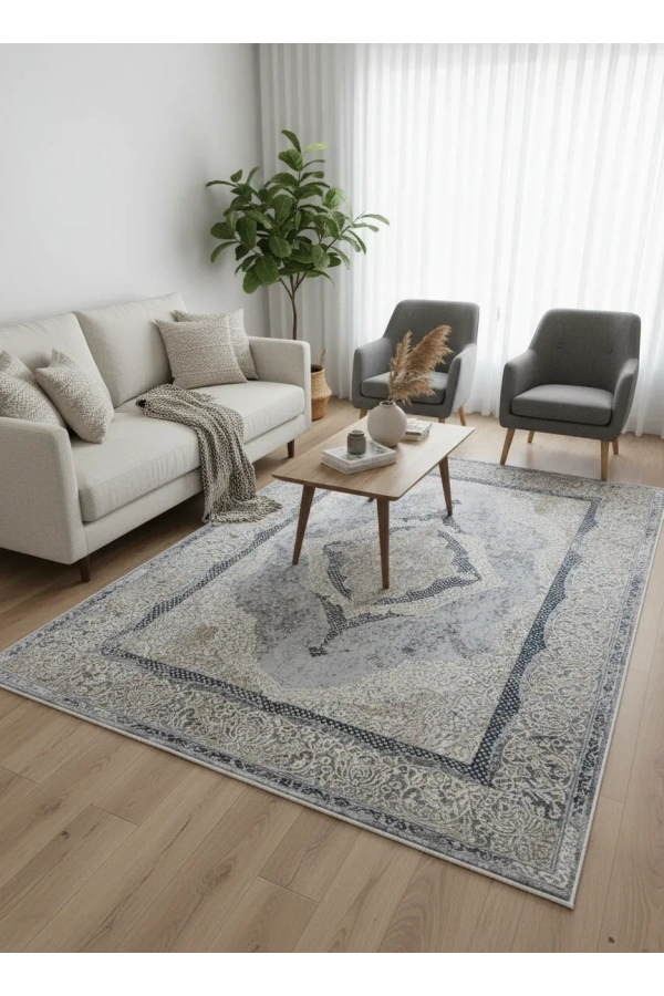 Asaryün Moda H4861 Mavi Gri Madalyon Klasik Salon Halısı 150x233 — Eskitme Saçaklı