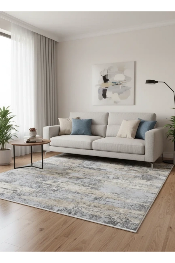 Asaryün Moda H4853 Mavi Gri Soyut Eskitme Salon Halısı 150x233 — Vintage Saçaklı