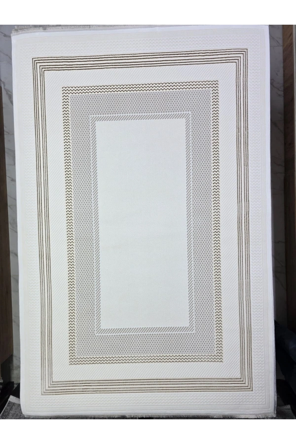 Çapan Armoni H6812A Beyaz Vizon Çerçeveli Salon Halısı 160x230 — Vizon Bordür Flosh