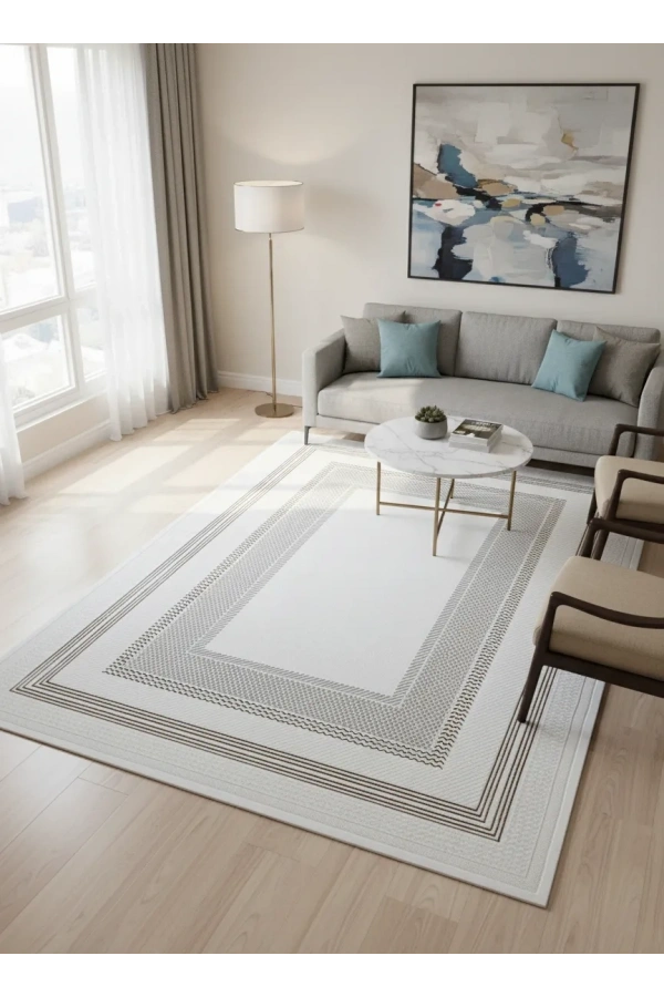 Çapan Armoni H6812A Beyaz Vizon Çerçeveli Salon Halısı 160x230 — Vizon Bordür Flosh