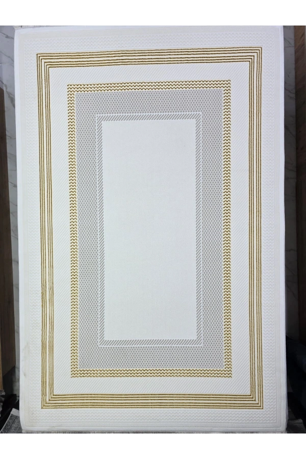 Çapan Armoni H6812A Beyaz Gold Çerçeveli Lüks Salon Halısı 160x230 — Altın Bordür Flosh