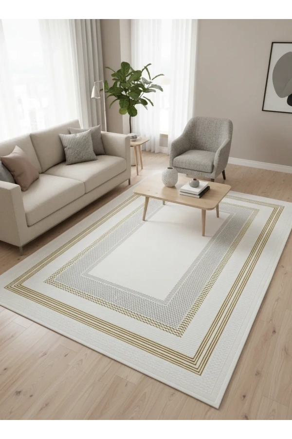 Çapan Armoni H6812A Beyaz Gold Çerçeveli Lüks Salon Halısı 160x230 — Altın Bordür Flosh