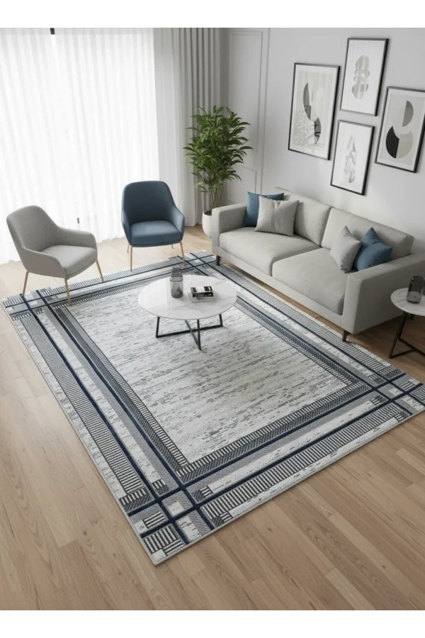 Çapan Armoni H6811A Gri Lacivert Çerçeveli Salon Halısı 160x230 — Peluş Flosh Soyut