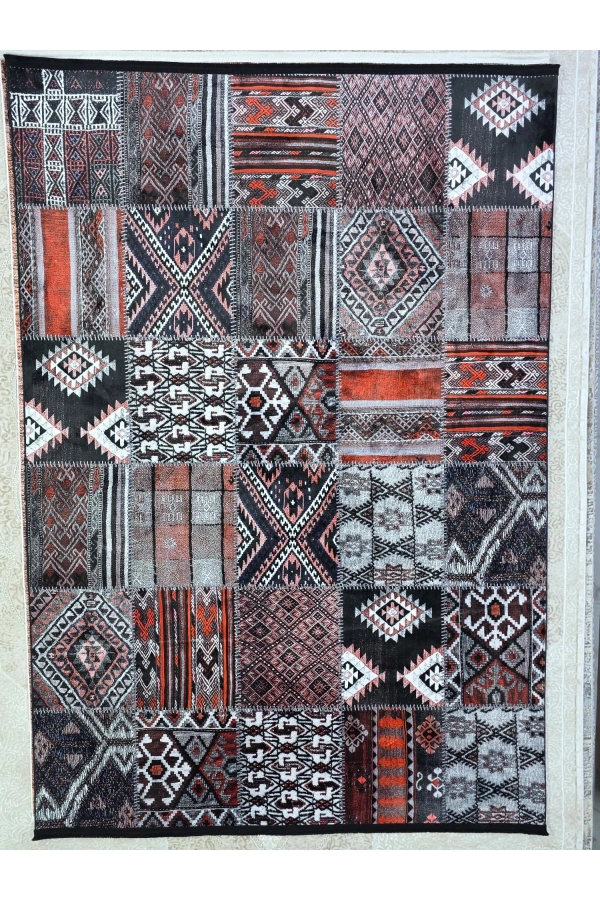 Bellino 4974 Kırmızı Siyah Kilim Patchwork Halı 160x230