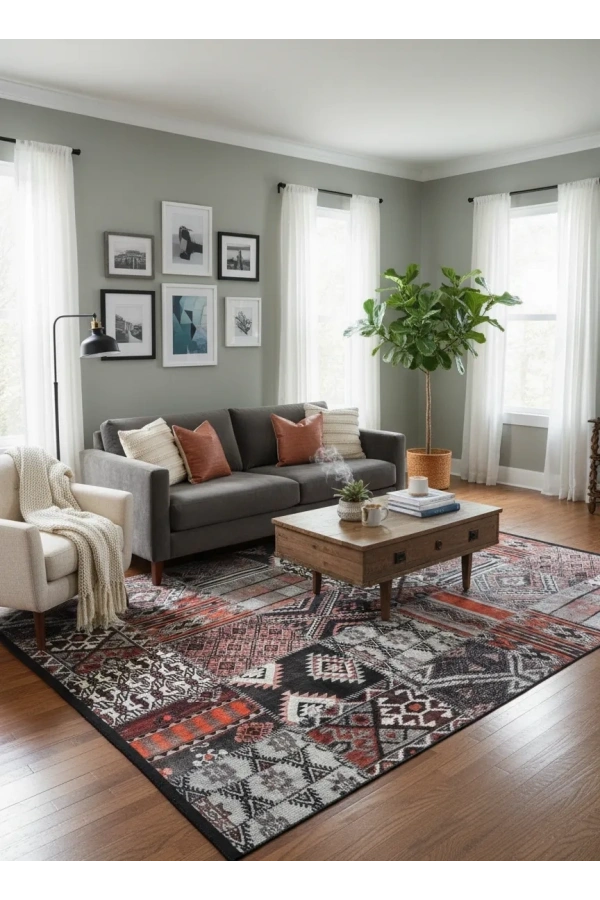 Bellino 4974 Kırmızı Siyah Kilim Patchwork Halı 160x230