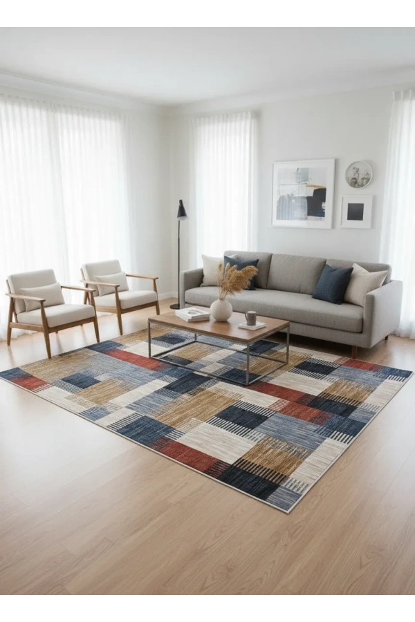 Bellino 4936 Mavi Kırmızı Patchwork Blok Halı 160x230