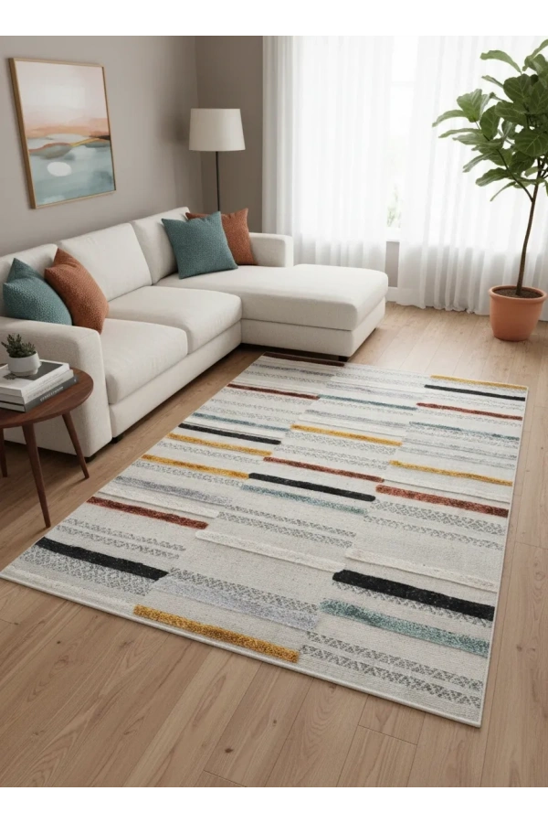 Bellino 4903 Krem Renkli Çizgili Modern Halı 160x230