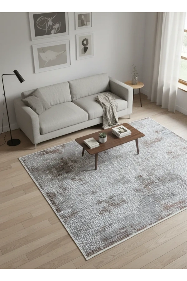 Bellino 4888 Beyaz Gri Eskitme Izgara Dokulu Halı 120x180