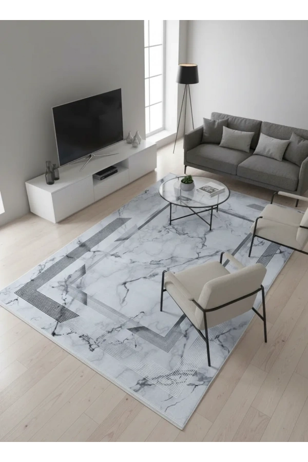 Bellino 4713 Beyaz Mermer Desenli Çerçeveli Halı 120x180