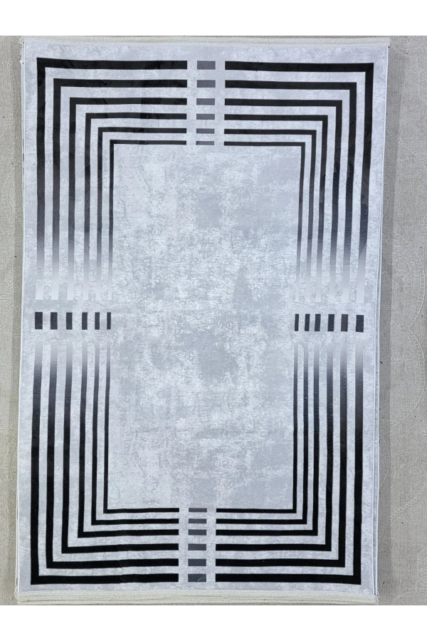 Bellino 4668 Beyaz Siyah Çok Katmanlı Bordürlü Halı 120x180