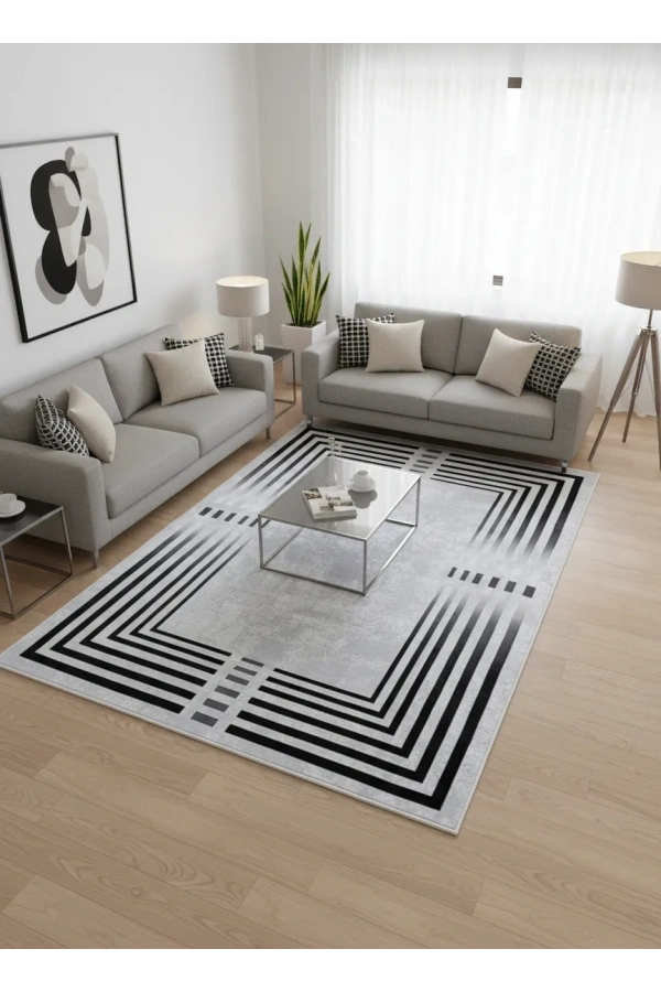 Bellino 4668 Beyaz Siyah Çok Katmanlı Bordürlü Halı 120x180