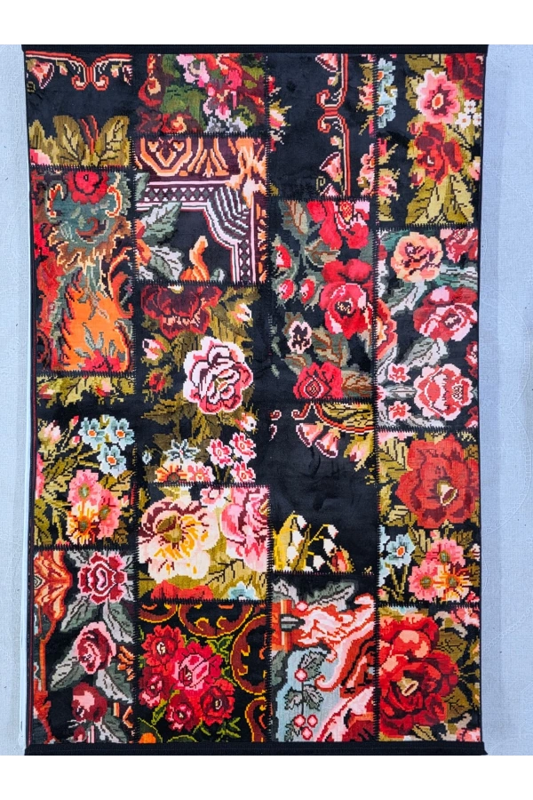 Bellino 4473 Siyah Zemin Renkli Gül Patchwork Halı 120x180