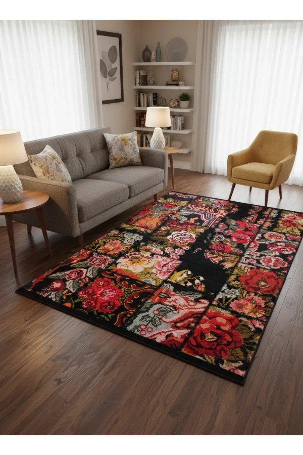 Bellino 4473 Siyah Zemin Renkli Gül Patchwork Halı 120x180
