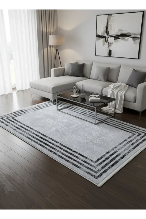 Bellino 4434 Gri Beyaz Eskitme Çerçeveli Halı 120x180