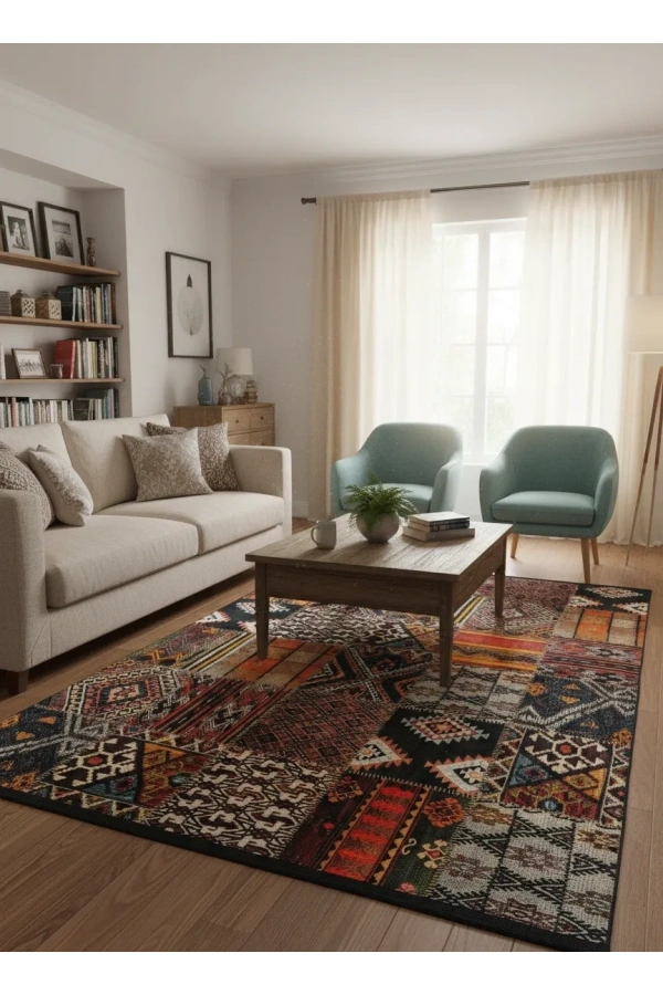 Bellino 4411 Siyah Renkli Kilim Patchwork Halı 120x180