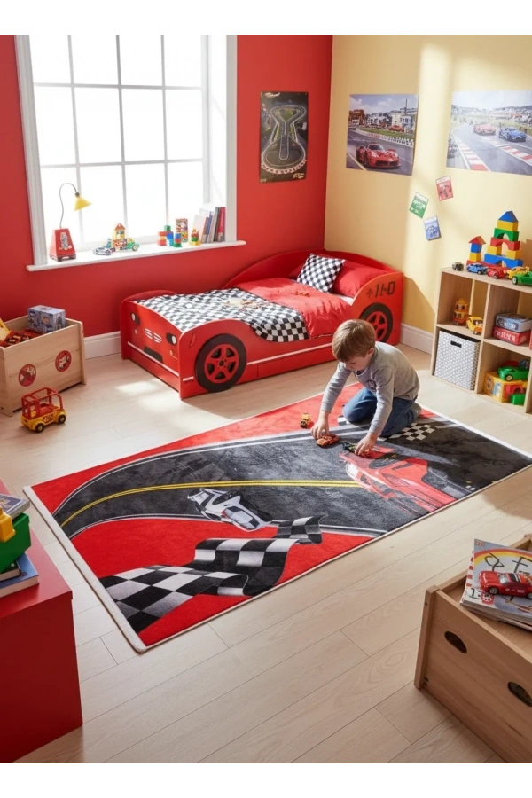 Bellino 5446 Kırmızı Siyah Formula Yarış Bayraklı Halı 80x150