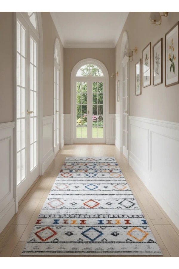 Bellino 4764 Beyaz Turuncu Madalyonlu Vintage Halı 80x150