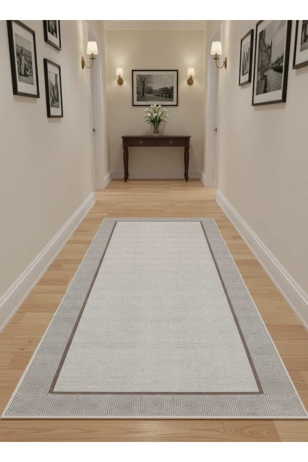 Bellino 4721 Bej Beyaz İç İçe Kare Labirent Halı 80x150