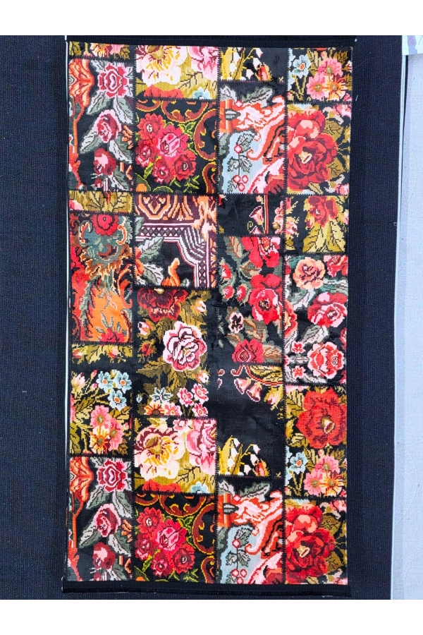 Bellino 4673 Siyah Gül Patchwork Çiçekli Halı 80x150