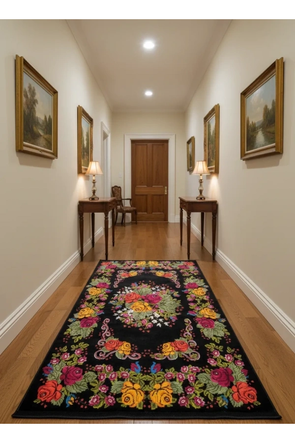 Bellino 4474 Siyah Zemin Gül Buketi Çiçekli Halı 80x150