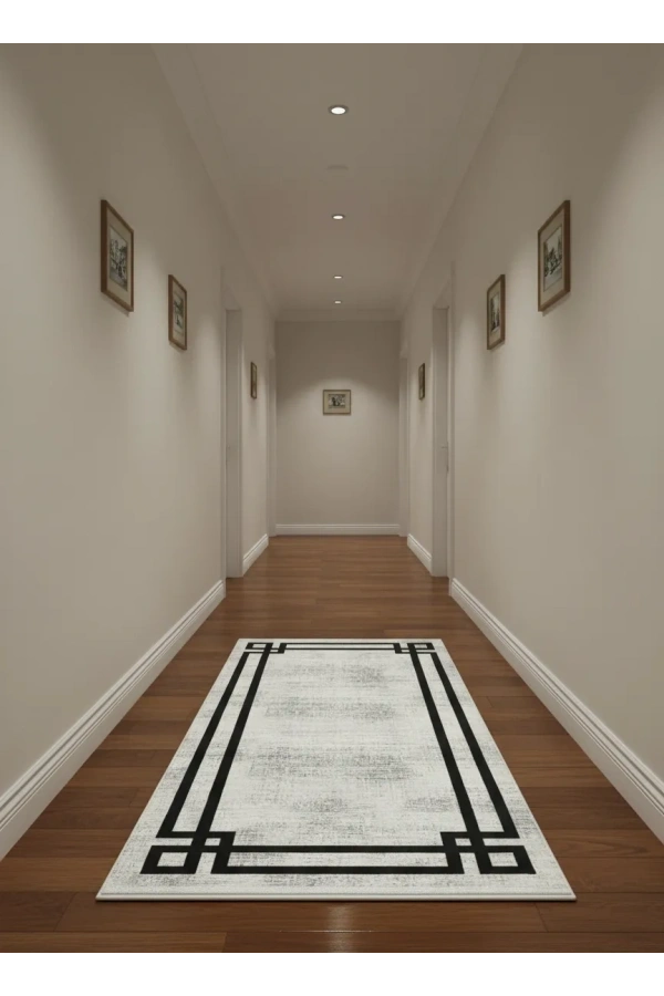 Bellino 4452 Beyaz Siyah Köşeli Çerçeve Halı 80x150