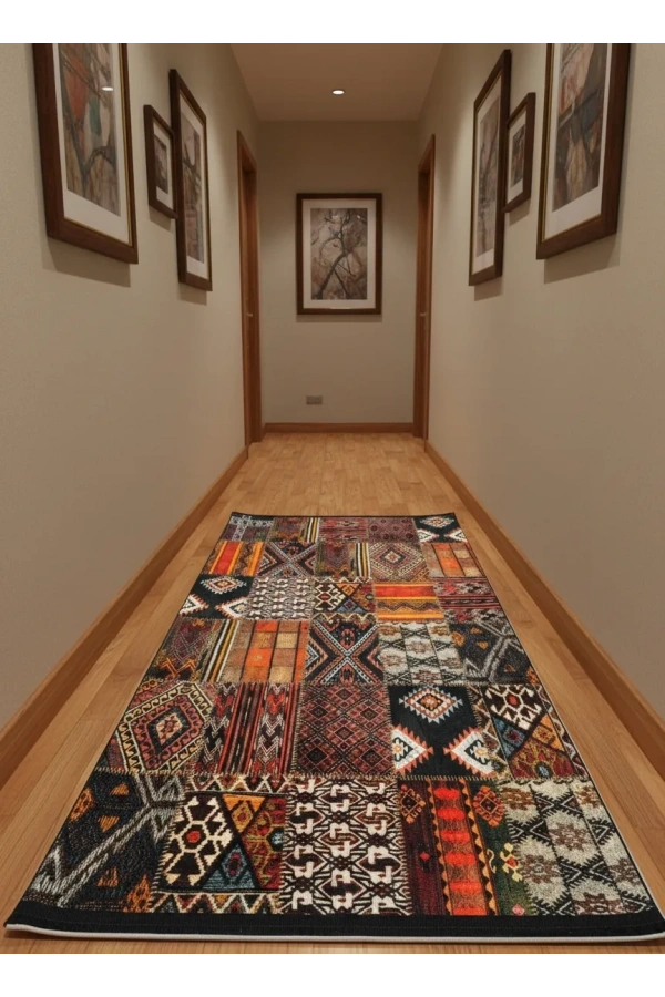 Bellino 4411 Siyah Renkli Kilim Patchwork Halı 80x150
