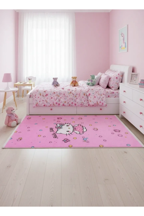 Bellino 5480 Pembe Sevimli Kedi Figürlü Kız Çocuk Halısı 80x150