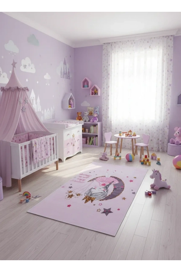 Bellino 5473 Pembe Unicorn Ay Figürlü Kız Çocuk Halısı 80x150