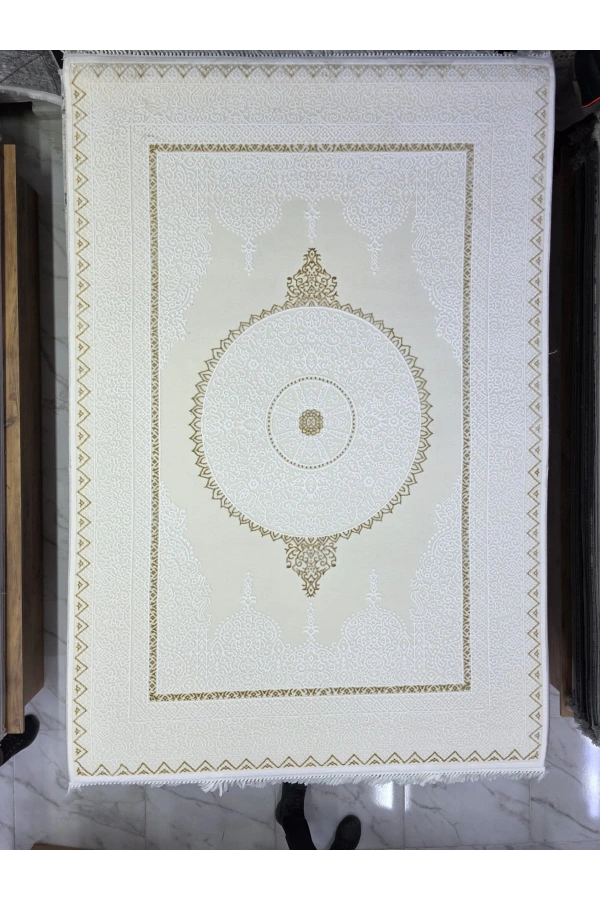 Sevimli Avanos AK171 Beyaz Gold Flosh Rozet Madalyonlu Halı 160x230