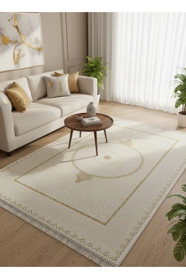 Sevimli Avanos AK171 Beyaz Gold Flosh Rozet Madalyonlu Halı 160x230