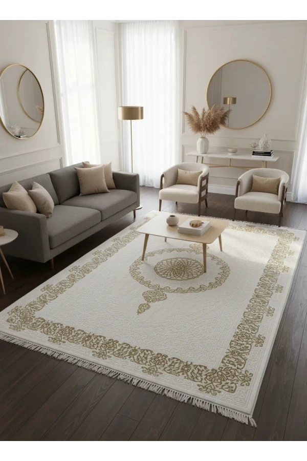 Sevimli Avanos AK095 Beyaz Gold Flosh Madalyonlu Halı 160x230