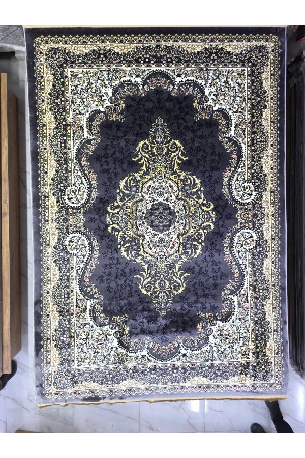 Hereke Klasik 7563F Koyu Gri Krem Lale Madalyonlu Halı 160x230