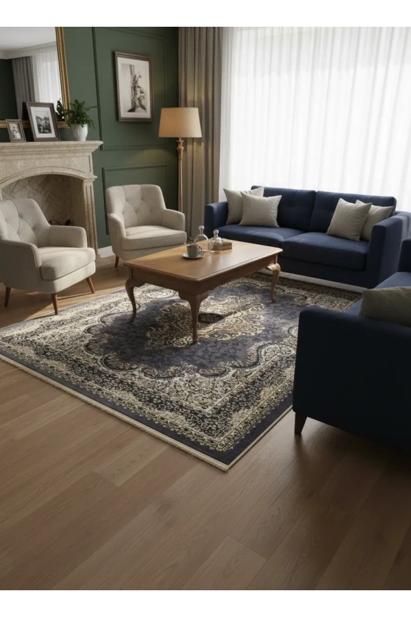 Hereke Klasik 7563F Koyu Gri Krem Lale Madalyonlu Halı 160x230