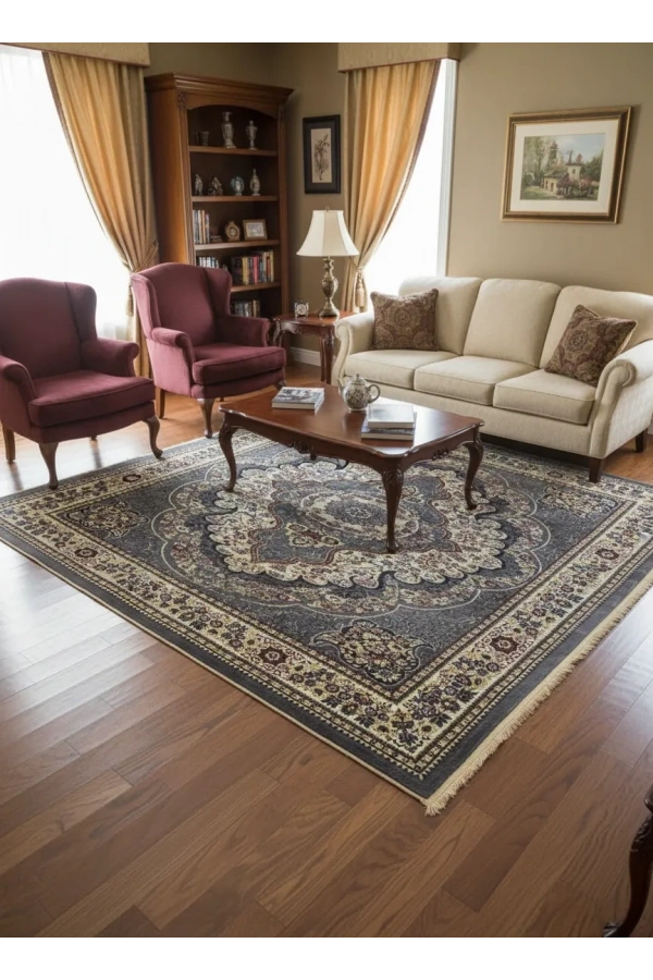 Hereke Klasik 8356C Koyu Gri Altın Madalyonlu Halı 160x230