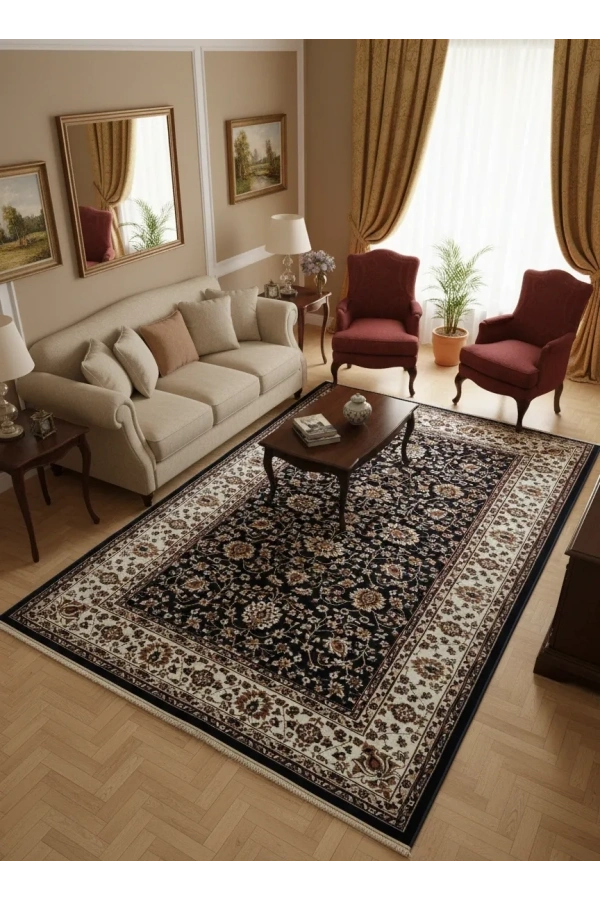 Asar Yün İpek H5500A Lacivert Allover Çiçekli Halı 150x233