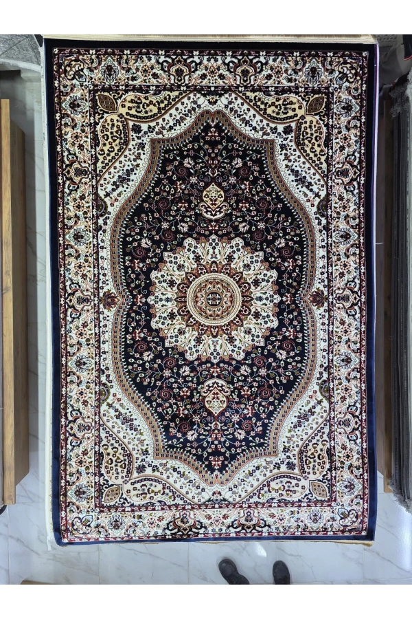 Asar Yün İpek H4158G Lacivert Bahçe Bölmeli Halı 150x233