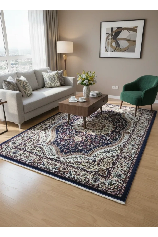 Asar Yün İpek H4158G Lacivert Bahçe Bölmeli Halı 150x233