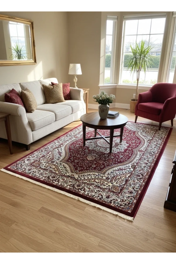 Asar Yün İpek H4158A Koyu Kırmızı Armut Madalyonlu Halı 150x233