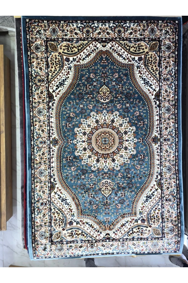 Asar Yün İpek H4158A Mavi Armut Madalyonlu Halı 150x233