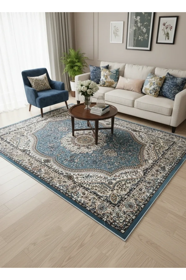 Asar Yün İpek H4158A Mavi Armut Madalyonlu Halı 150x233