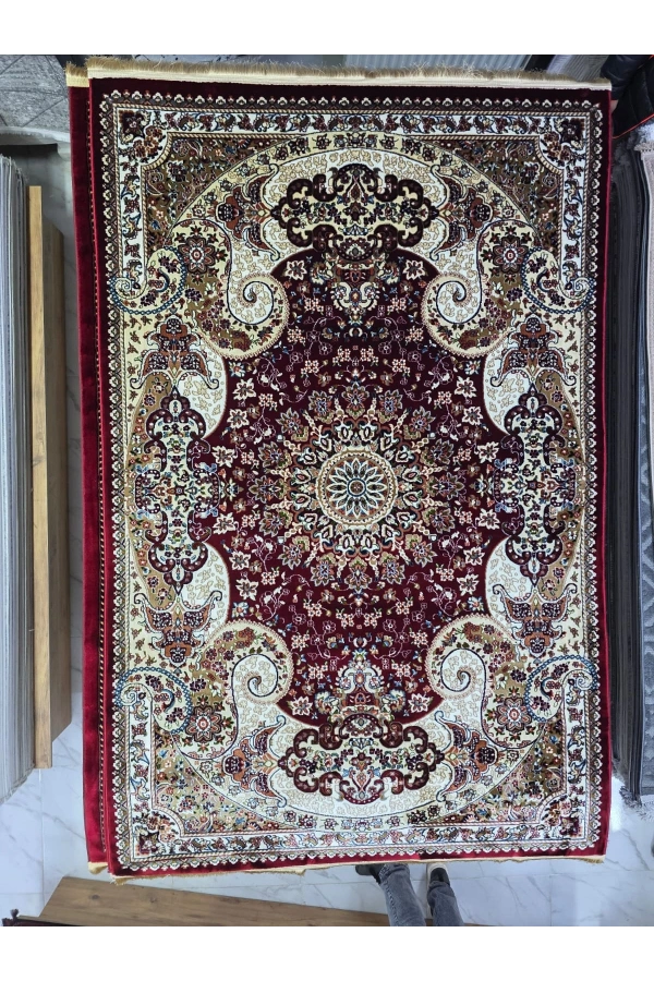 Asar Yün İpek H4030C Koyu Kırmızı Köşe Madalyonlu Halı 150x233
