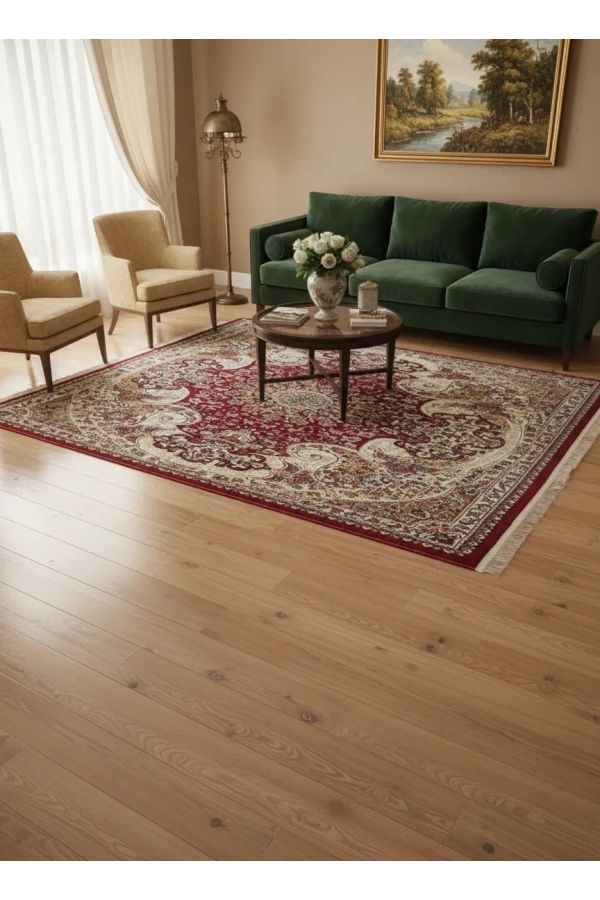 Asar Yün İpek H4030C Koyu Kırmızı Köşe Madalyonlu Halı 150x233