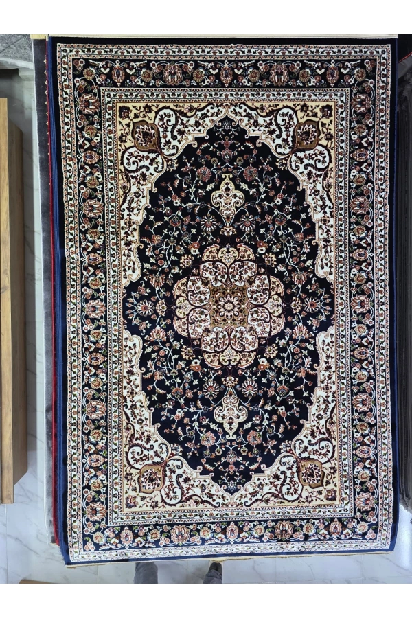 Asar Yün İpek H3846A Lacivert Madalyonlu Halı 150x233