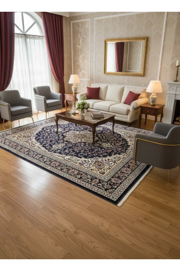 Asar Yün İpek H3846A Lacivert Madalyonlu Halı 150x233