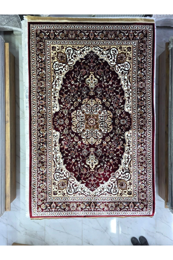 Asar Yün İpek H3846A Koyu Kırmızı Madalyonlu Halı 150x233